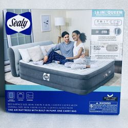 New Sealy 18” High Queen Air Mattress With Built-In Pump, Carry Bag & Headboard
