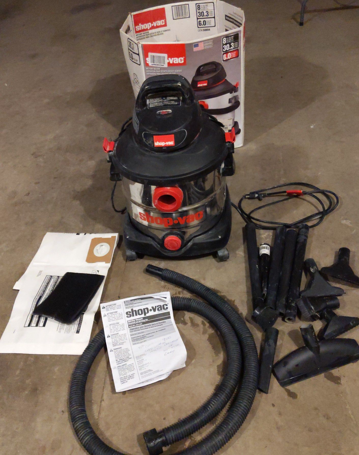 8 Gallon Wet Dry Shop Vac portable, stainless 6.0 HP