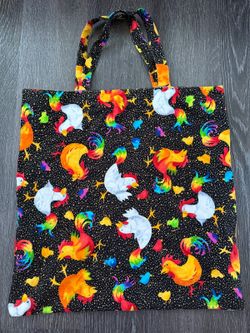 Rainbow Rooster Chicken Print Tote Bag Farmhouse Cottagecore Market Shopper