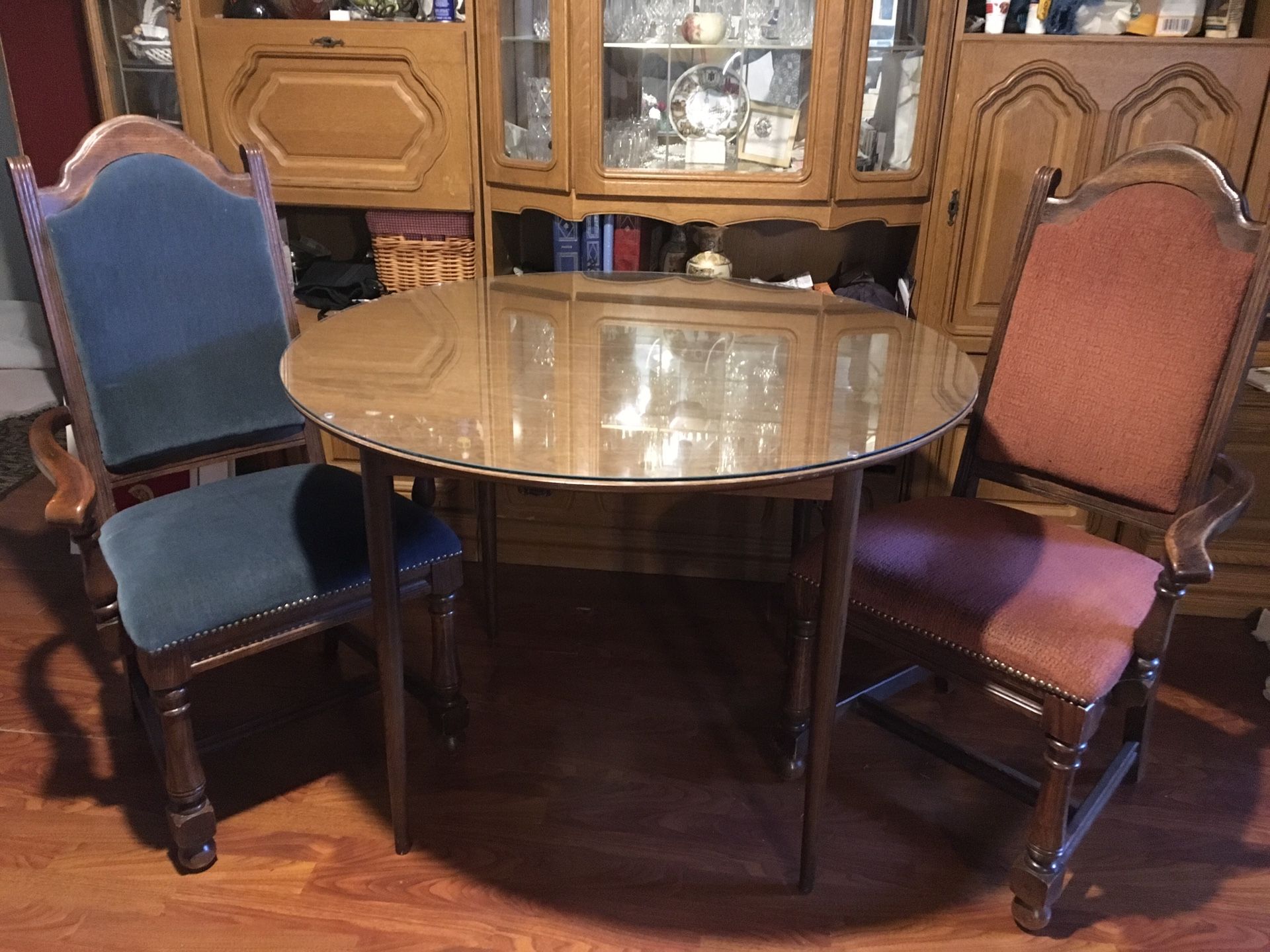 Vintage Formica Round Table with Glass Top and 2 upholstered arm Chairs