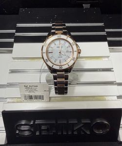 NEW Seiko SUT340 Solar Ladies MOP Dial 8 Diamonds Two-Tone Rose Gold Watch