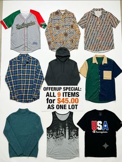 Men's Clothing Bundle Lot (9 Pieces) - Shirts, Sweaters, Dodgers Jersey & More