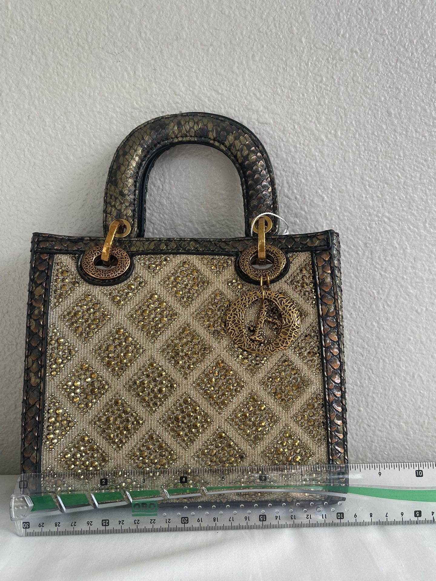 Luxury Bronze Python-Texture Mini Tote with Rhinestone Embellished Front – Designer-Inspired Evening Bag