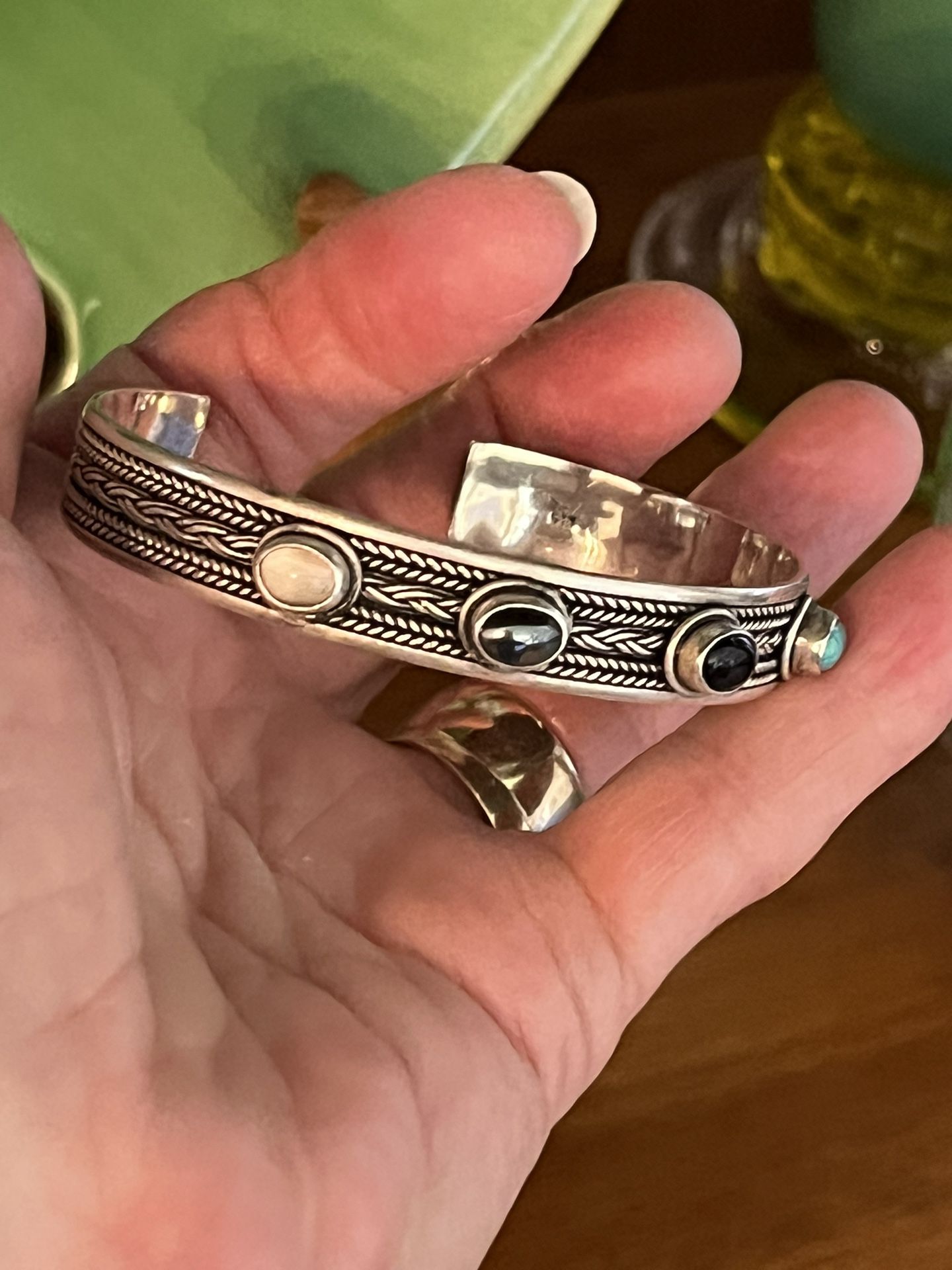 Vintage Sterling Silver Navajo Multi Stone Cuff Bracelet 