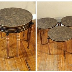 Mid Century Vintage Set of 3 Stacking Side Accent Tables With Durable Burlwood Formica Tops Trimmed in Gold