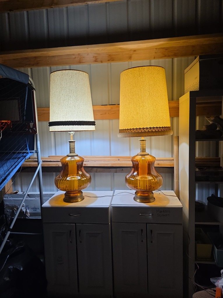 RARE Matching MCM Amber Genie Bottle Lamps – Double Light Glow – $650