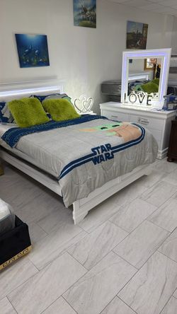 White Bed Frame with LED Headboard