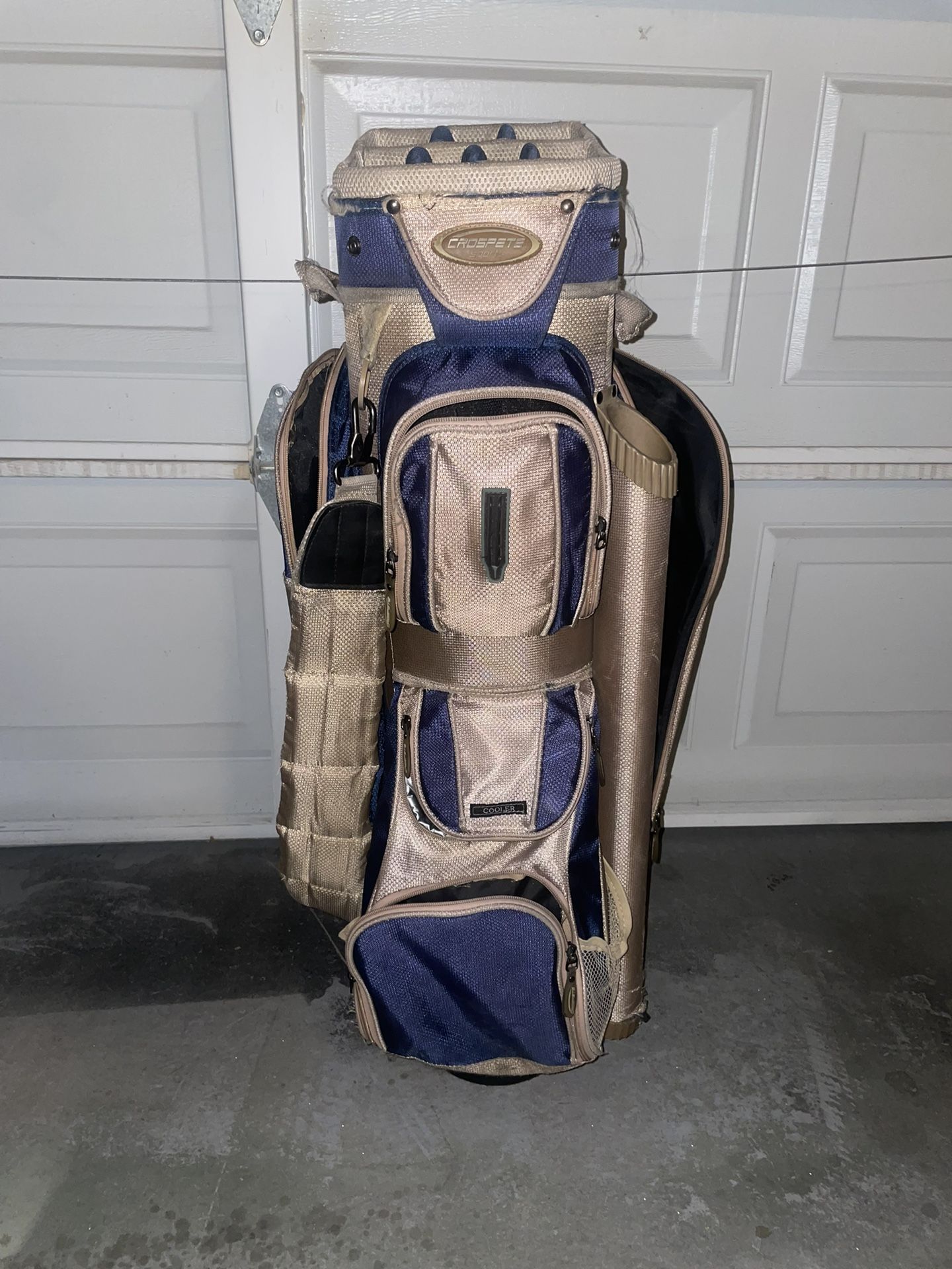 Tan And Blue Golf Bag W/ Raincover And Small Cooler Pouch