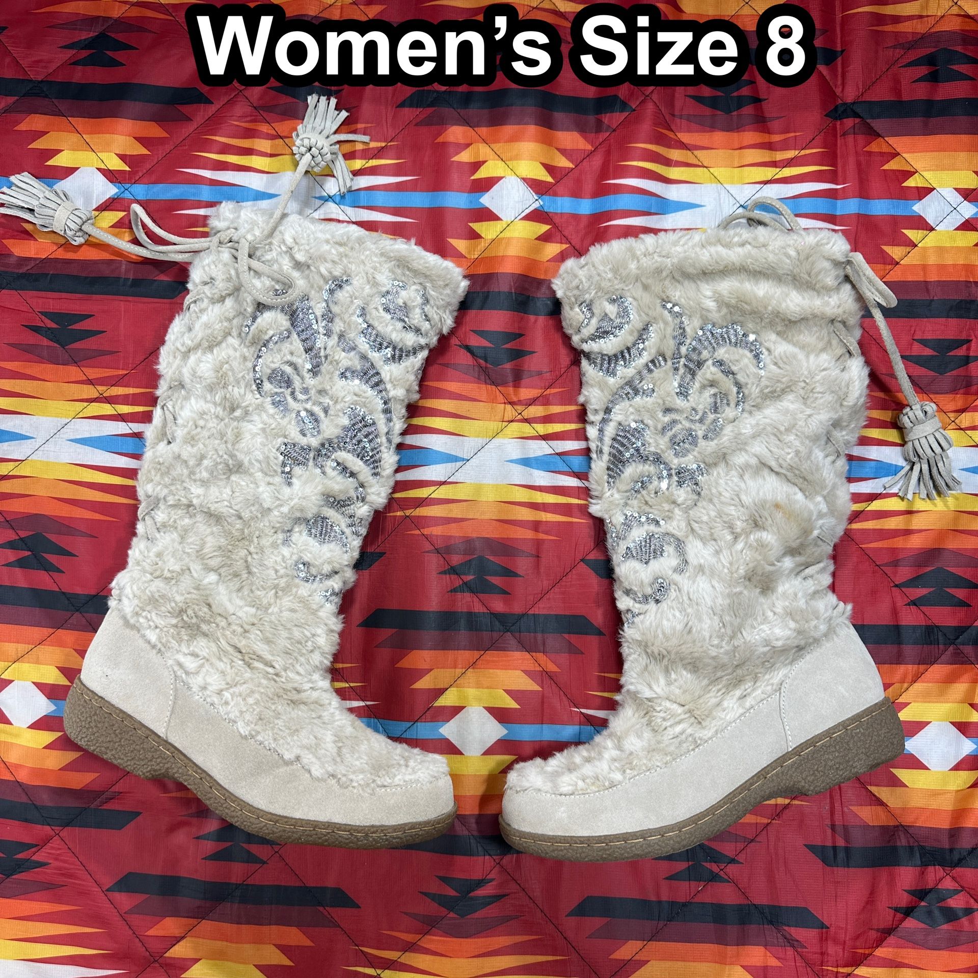 SAM EDELMAN Faux Fur Boots Suede Leather Embroidered Y2K Boho Women’s Size 8 M