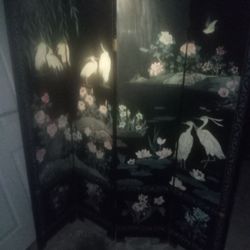 Antique Stone Black 4 Panel Room Divider Screen Vintage Asian Oriental 3D Emboss