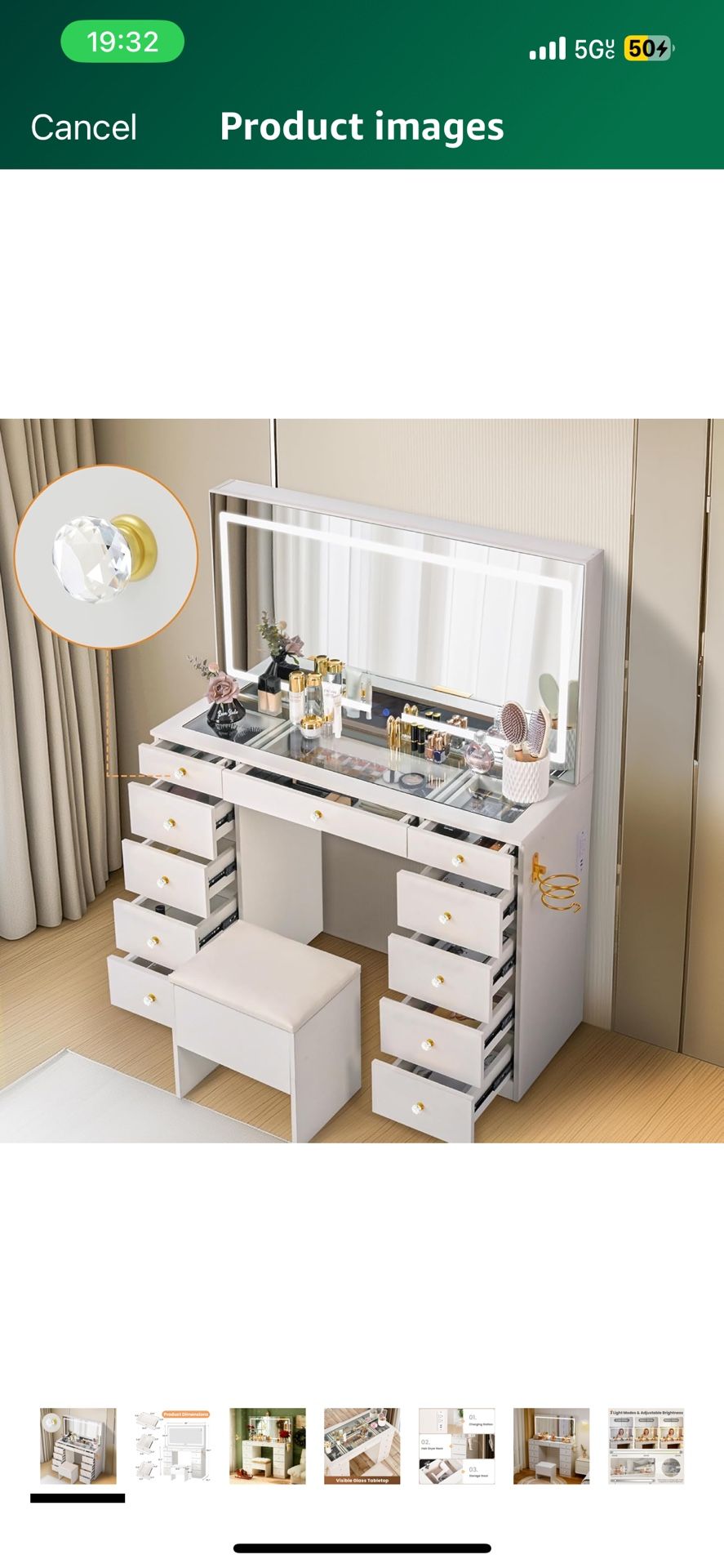 Pamapic Glass Top Vanity Desk with Crystal Handles, 11 Drawers Makeup Vanity with Mirror and Stool, 3 Lighting Modes Dressing Table, Power Outlet, Sil