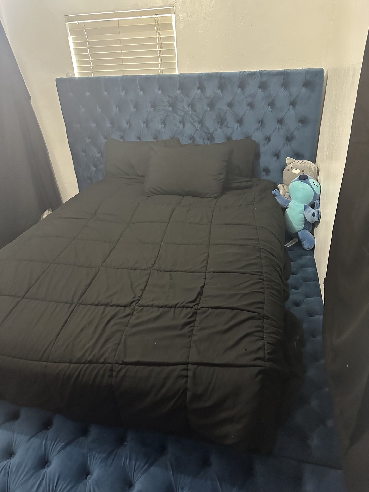 Queen Blue Velvet Storage Bed With Mattes Included