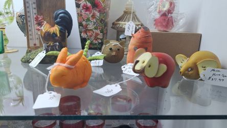 "Home grown" collectable, fruit vegetable animals, dragon fly, owl, elephant, rabbit, pig, mouse