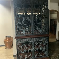 Wrought Iron And Wood Curio Cabinet