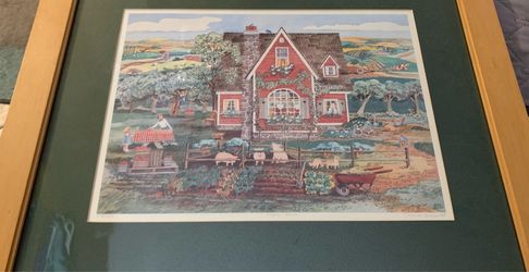 Framed Folk Art Farm Scene Signed Print