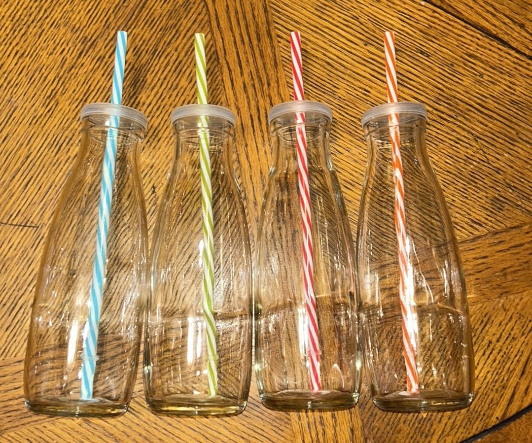 Glass Milk Bottle Style Bottles (4), Plastic Tops and Straws