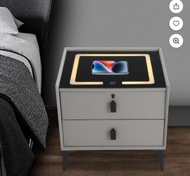 Wood Nightstand, Multifunctional Bedside Table with Adjustable LED, Smart