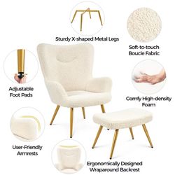 Boucle Fabric Accent Chair and Ottoman Set with Golden Metal Legs