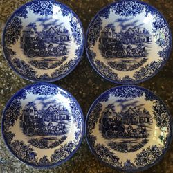 4 ANTIQUE Royal Stafford China Coaching Scene Blue Soup Cereal Bowl, 6 3/4"


