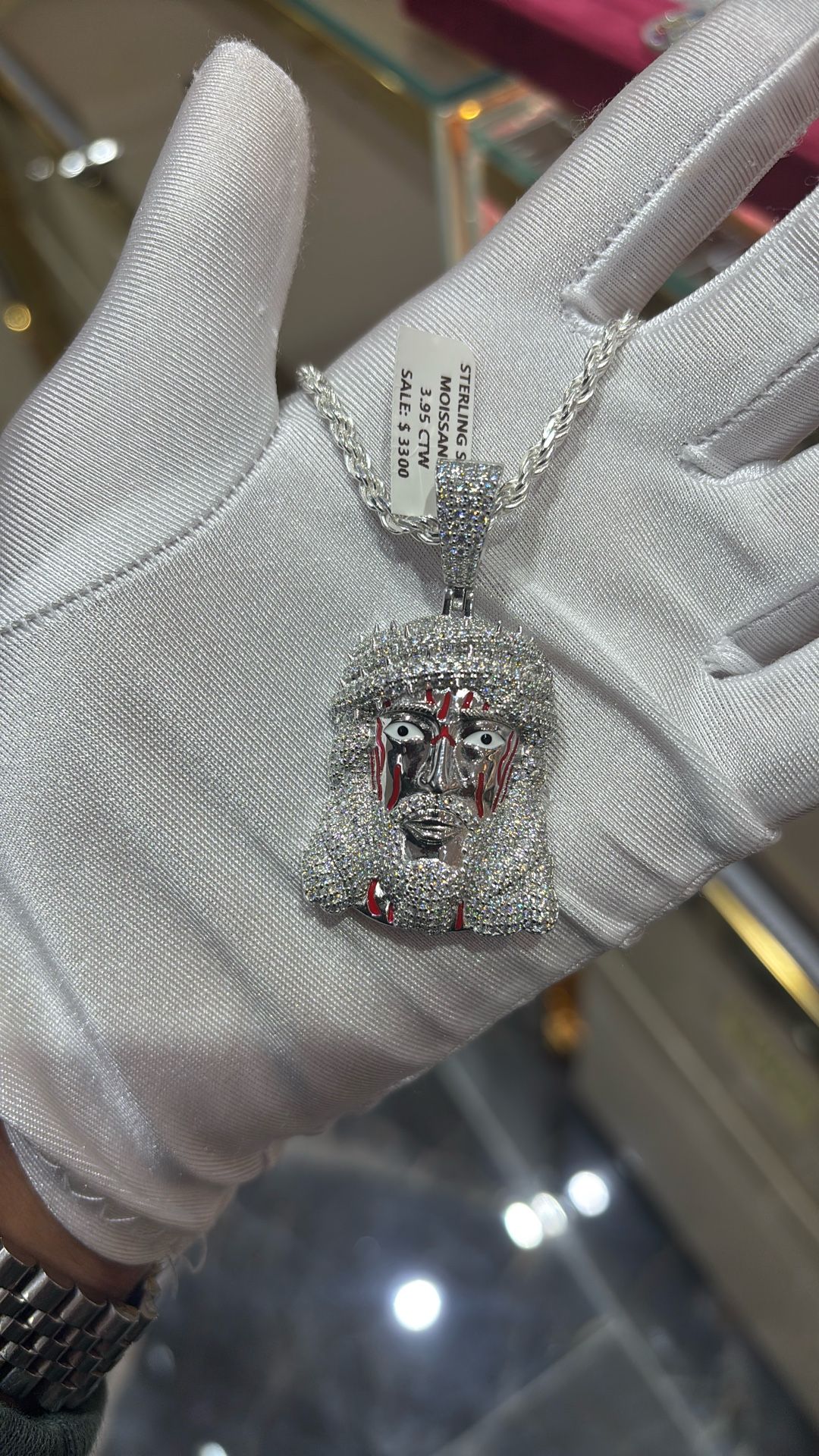 β¨ 925 Silver Moissanite Jesus Pendant with Rope Chain β 3.95 Ctw β¨