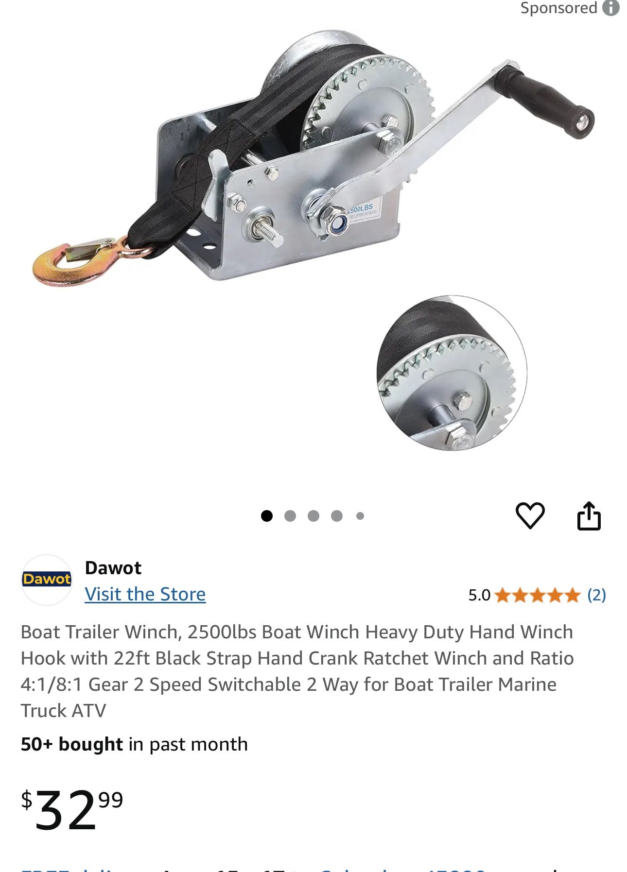 Dawot Dawot Visit the Store 5.0 Boat Trailer Winch, 2500lbs Boat Winch Heavy Duty Hand Winch Hook with 22ft Black Strap Hand Crank Ratchet Winch and R