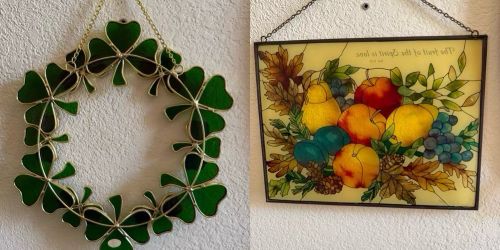 Two Vintage Stained Glass Window Hanging  Decorations