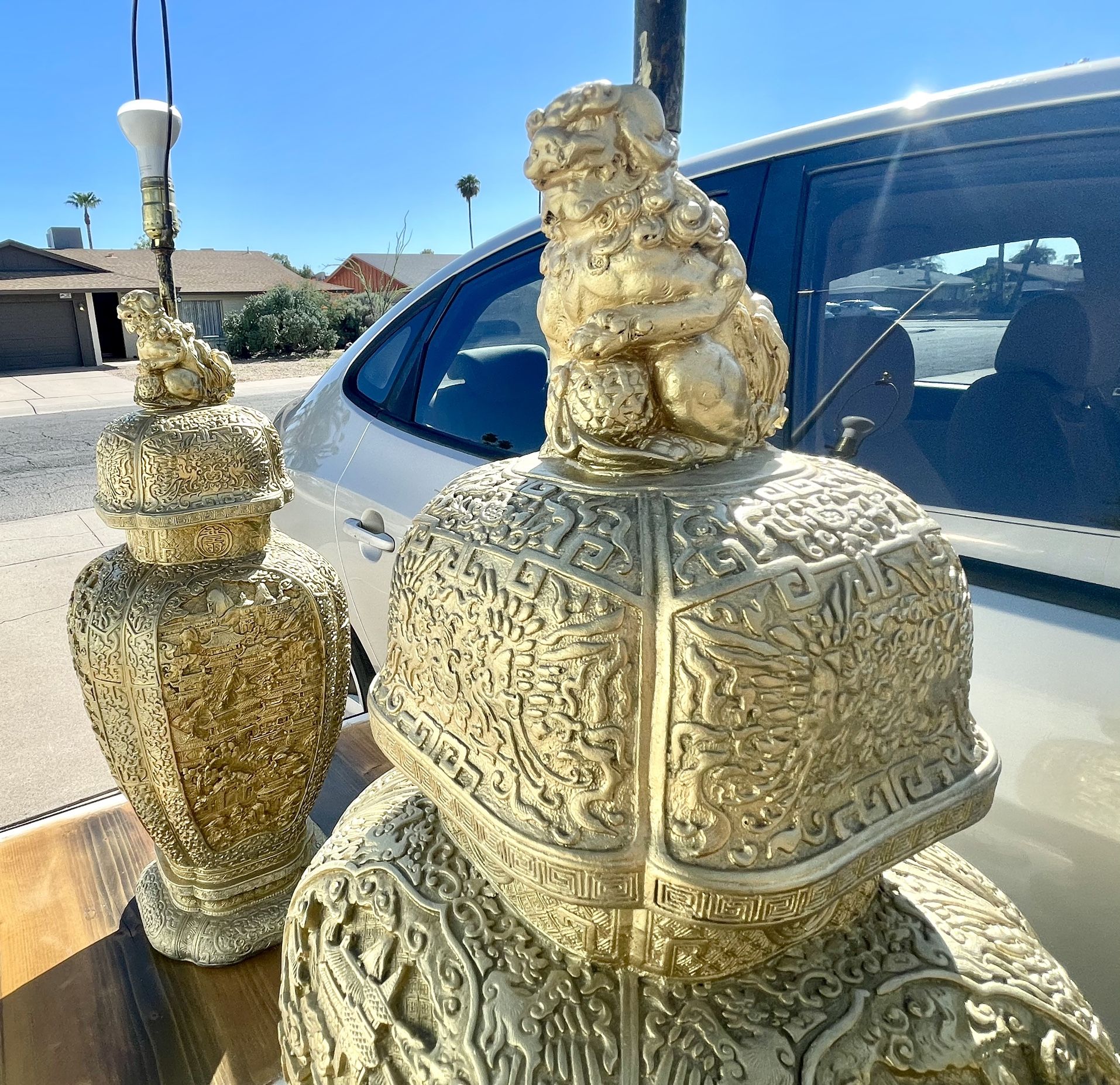 Vintage Extra Large 42” Antique Gold Chinese Fu Dog Lion Lamps