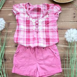 4T-6 GIRLS 2-PIECE OUTFIT FUSCHIA AND RED EMBROIDERED FLORAL TUNIC W/COORDINATING FUSCHIA COTTON PULL-UP SHORTS