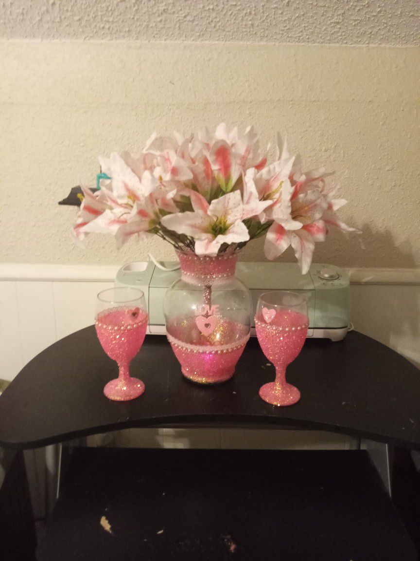  Pink Flower Arrangement Vase With 2 Glass Wine Goblets  With Columed Stems.