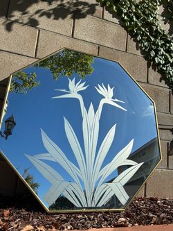 1980s Bird of Paradise Postmodern Octagon Frosted Mirror by Gloria Eriksen for Windsor Art