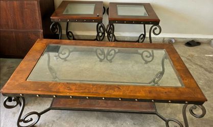 3-Piece Living Room Table Set – Glass Top & Wrought Iron