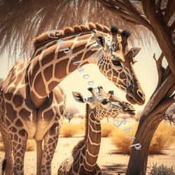 Beautiful mother and baby giraffe picture art canvas or poster
