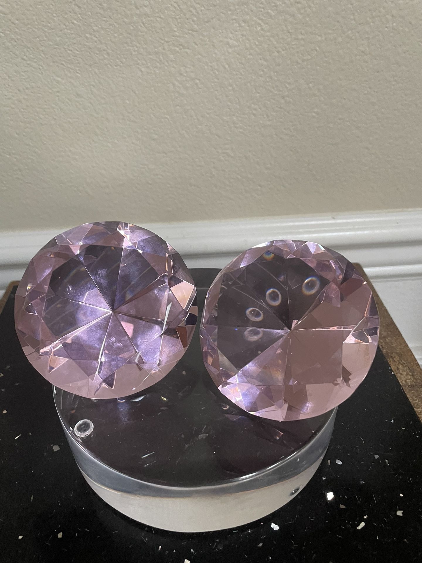 Set of 2 Crystal Diamond Paperweight Pink Round Prism Cut 3”