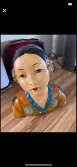 Esther Hunt 1920 polychrome chalk ware bust of Chinese girl. Rare find!