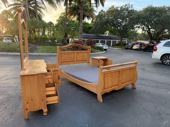 Rustic Pine Bedroom Set - Bed Frame, Dresser with Mirror, and Nightstand