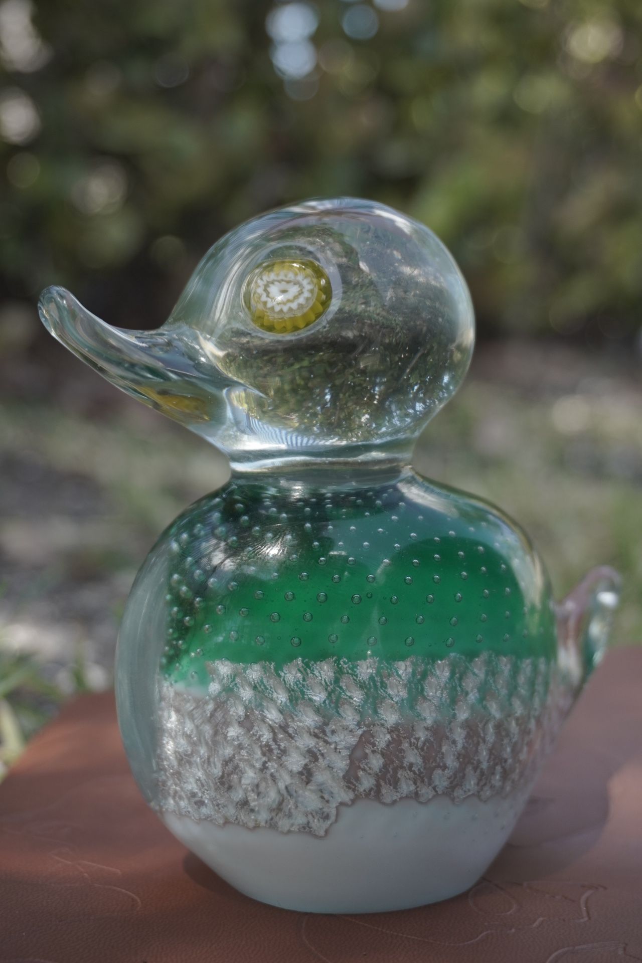 Vintage Murano Millefiori Eye Green Blown Glass Mallard Duck Figurine 5" x 4.5"