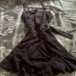Black Belted Mini Dress with Ruffle Hem