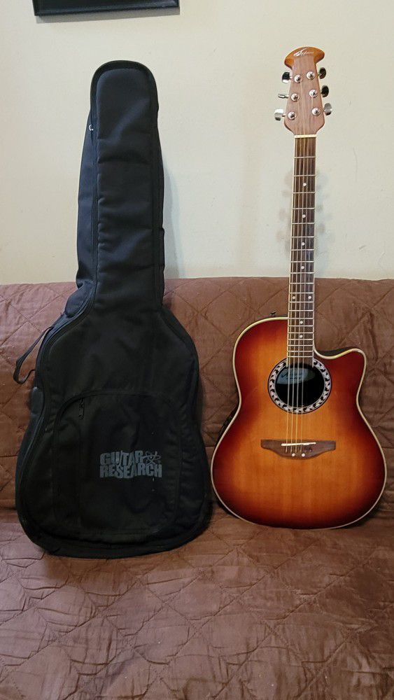 APPLAUSE BY OVATION ACOUSTIC ELECTRIC GUITAR MODEL #AE28 IN SUNBURST COLOR  WITH CARRYING CASE INCLUDED 