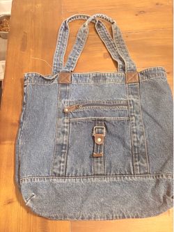 Vintage jean tote bag with leather accents