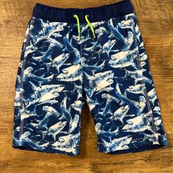 GAP Kids Blue & White Shark Swim Trunks with Neon Green Drawstring