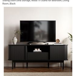 Modern TV Stand for 45/55/70 inch TV, Entertainment Center with Sliding Doors and Storage, Wood TV Stand for Bedroom, Living Room, Black