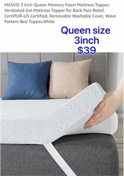 MASVIS 3 Inch Queen Memory Foam Mattress Topper, Ventilated Gel Mattress Topper for Back Pain Relief, CertiPUR-US Certified, Removable Washable Cover,