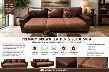 Premium Brown Leather & Fabric Sofa – Deep Seating – RH Maxwell Style