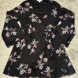 Adam Levine Women’s XL Black Floral V-Neck Tie Front Long Sleeve Mini Dress