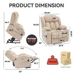 Up to 350 LBS Chenille Power Lift Recliner Chair, Heavy Duty Motion Mechanism with 8-Point Vibration Massage and Lumbar Heating, USB and Type-C Ports,