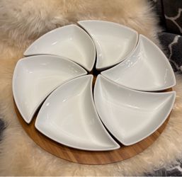 B. Smith 7-Piece Bamboo Lazy Susan Serving Set – 6 Ceramic Bowls