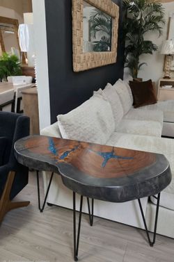 SOLID PAROTA WOOD • LIVE EDGE SOFA ACCENT TABLE• ONE-OF-A-KIND
