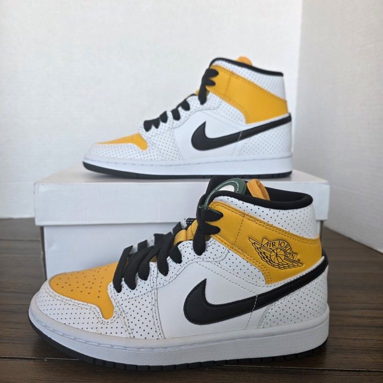 Air Jordan 1 Mid  White/Black Univ Gold Sneakers Women's Sz 5.5 NIB