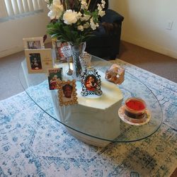 STONE , Base with GLASS  Beveled Top(Oval Shape)  Awsome COFFEE  TABLE BEAUTIFUL Condition!!   NOW,  $45.00. FIRM !!!  Was Orig. $100