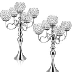 2 Pack 5 Arm Crystal Candelabra Centerpieces 21.5 Inch Tall Candle Holder Table Candelabra Stand with Crystal Candle Holder Bowl for Home Wedding Anni